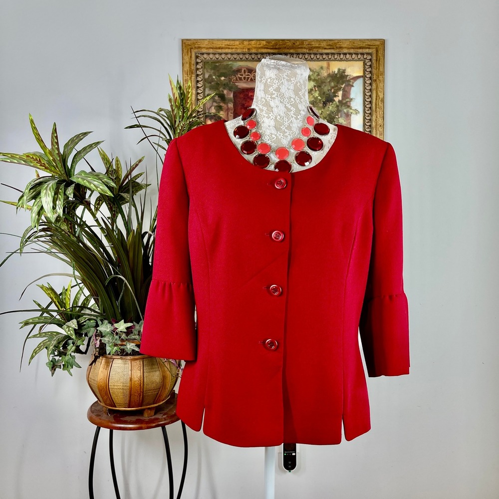 Le Suit Blazer Women 14 Red Polyester 3/4 Bell Sleeve Button Front Scoop Neck
